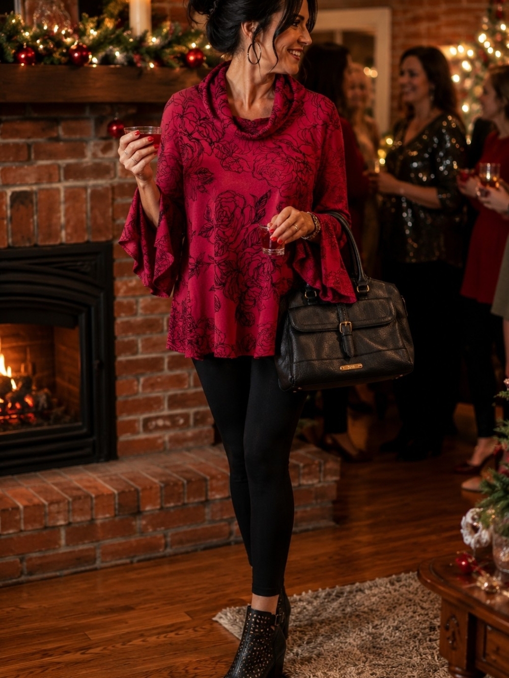 MSK Womens Sz. Lg Red Floral Cowl Neck Bell Sleeve Sweater Dfinite Head Turner